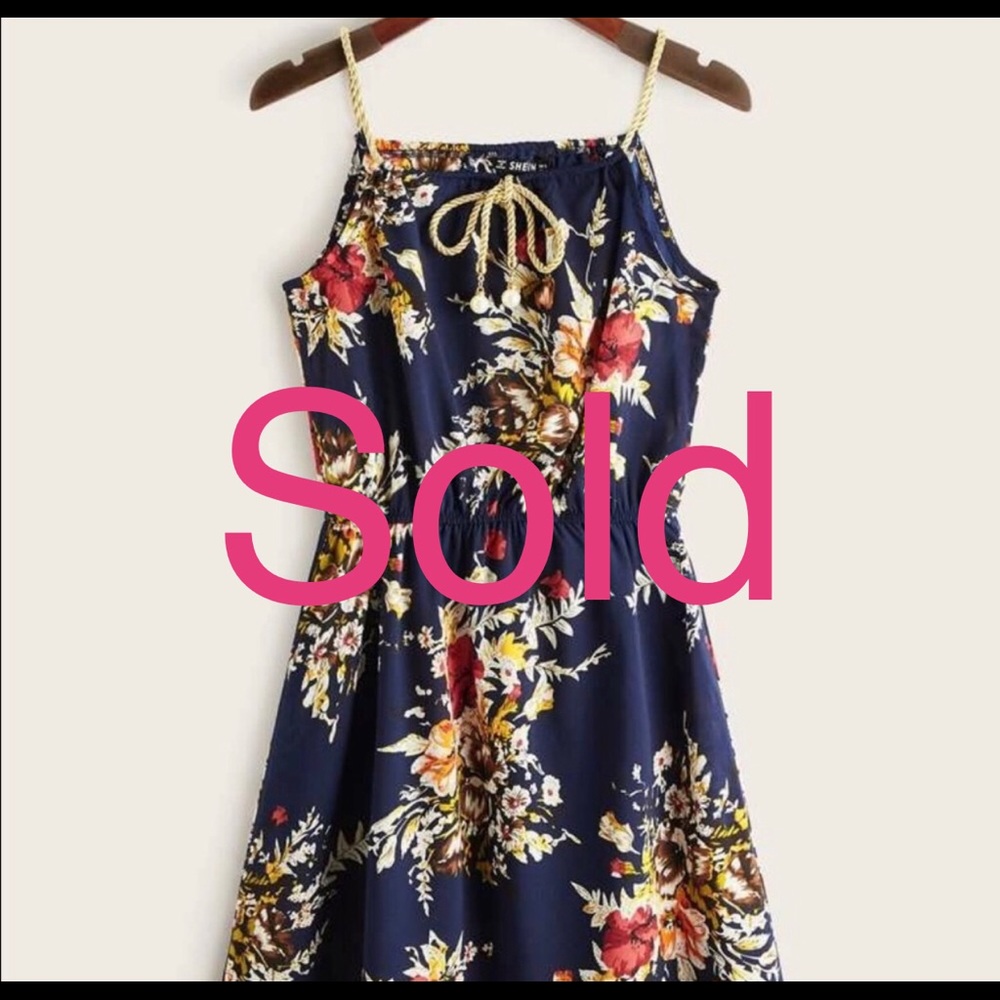 Pearls Tie Front Navy Floral Print Cami Dress